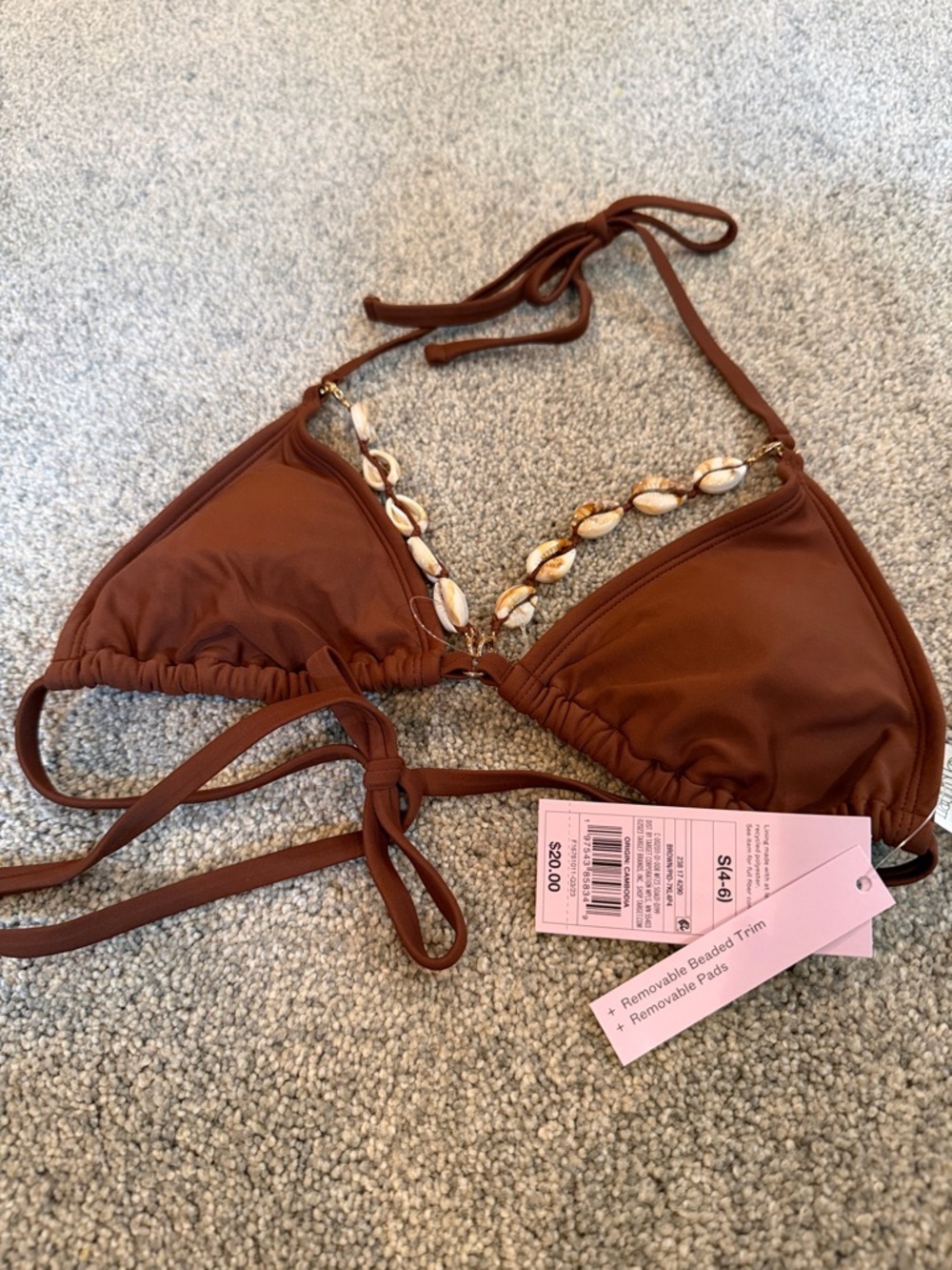 wild fable Brown Triangle Bikini Top with Shell Beaded Trim